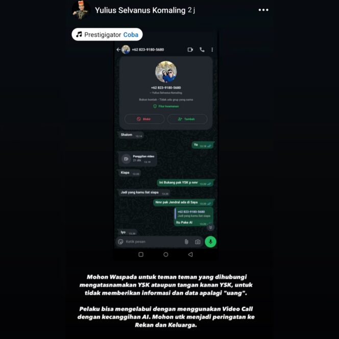 
					Akun WA yang mencatut nama YSK untuk aksi penipuan 